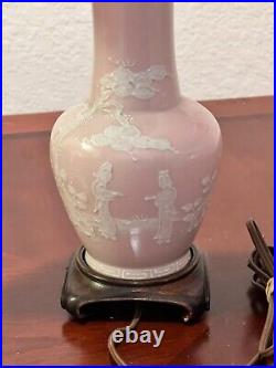 Rare Vintage Pate Sur Pate Pink Glaze Chinese Dynasty Republic Vase Lamp & Shade