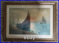 Rare antique vintage framed art signed Devienne Evening Hour sailboats artist