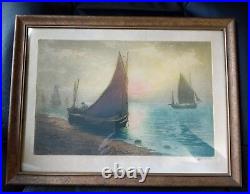 Rare antique vintage framed art signed Devienne Evening Hour sailboats artist