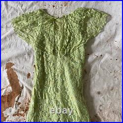 True Vintage Antique 1930s bias cut gown in rare light moss/pistachio green lace