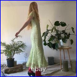 True Vintage Antique 1930s bias cut gown in rare light moss/pistachio green lace
