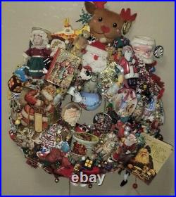 Unique Rare Antique /Vintage Christmas Wreath Santa Toys Animals Beads 17x20x4in
