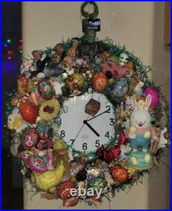 Unique Rare Antique /Vintage Easter Themed Wreath/Clock Decorations 18x21x4in
