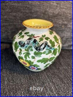 VINTAGE RARE Hand Painted Flowers and Vines Faenza Small Vase Antique Mint