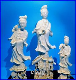 VINTAGE RARE LOT OF 3 ANTIQUE 19th c MCM DEHUA STANDING GUANYIN FIGURINES