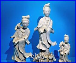 VINTAGE RARE LOT OF 3 ANTIQUE 19th c MCM DEHUA STANDING GUANYIN FIGURINES