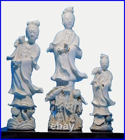 VINTAGE RARE LOT OF 3 ANTIQUE 19th c MCM DEHUA STANDING GUANYIN FIGURINES