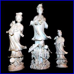 VINTAGE RARE LOT OF 3 ANTIQUE 19th c MCM DEHUA STANDING GUANYIN FIGURINES