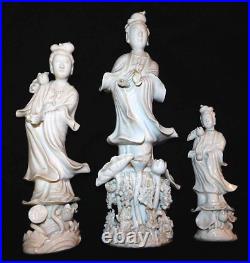 VINTAGE RARE LOT OF 3 ANTIQUE 19th c MCM DEHUA STANDING GUANYIN FIGURINES