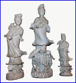 VINTAGE RARE LOT OF 3 ANTIQUE 19th c MCM DEHUA STANDING GUANYIN FIGURINES