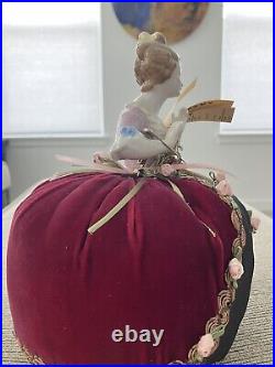 VINTAGE SEWING RARE German Antique Pin Cushion Half Doll with Velvet Skirt