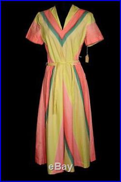 Very Rare 1940's Wwii Era Deadstock Mustard, Peach & Green Cotton Dress 6+