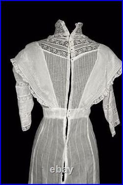 Very Rare Antique Edwardian High Neck Cotton Embroidered And Lace Dress Size 4