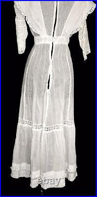 Very Rare Antique Edwardian High Neck Cotton Embroidered And Lace Dress Size 4
