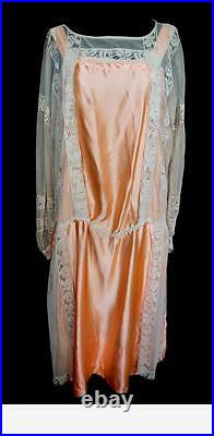 Very Rare Unique French Vintage 1920's Peach Silk Satin & Lace Dress Size 10-12
