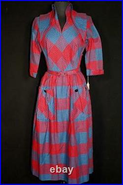 Very Rare Vintage Deadstock 1950's Blue, Red & Black Check Cotton Dress Size 6