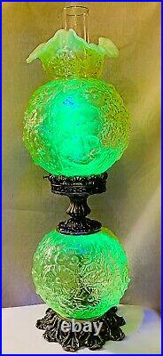 Very Rare Vintage Fenton Vaseline Uranium Glass Poppy GWTW Hurricane Parlor Lamp