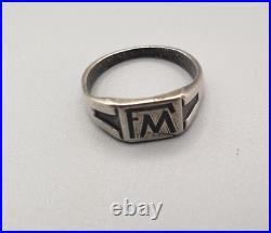 Vintage 900 Silver Men's Signet Ring with Etched FM Initials Antique and Rare