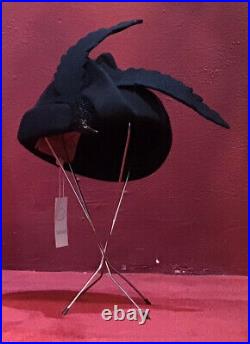 Vintage Black Felt 30s 40s Hat Bird Schiaparelli Paris Hat Tilt Rare Surreal