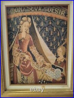 Vintage Lady and the Unicorn European Tapestry Well Crafted Rare Antique