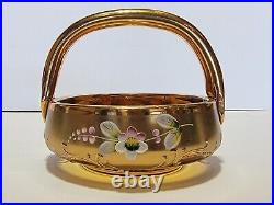 Vintage RARE Bohemia Czech Crystal Basket Bowl Hand made Antique Amber Glass