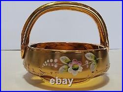 Vintage RARE Bohemia Czech Crystal Basket Bowl Hand made Antique Amber Glass