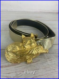 Vintage RARE Doreen Ryan Gold Tone Belt With Golden Laying Fox Green Eyes Buckle