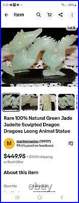 Vintage Rare 100% Pure Green Jade/Jadeite Hand Sculptured Dragon In Exquisite