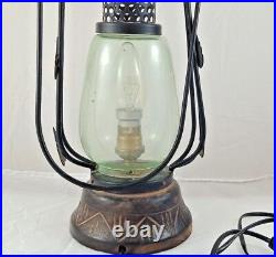 Vintage Rare Antique Style Iron, Glass and Wood Electric Lantern Look Night Lamp