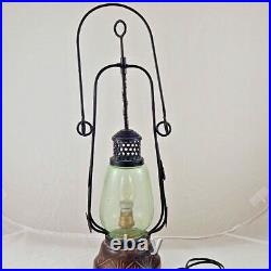 Vintage Rare Antique Style Iron, Glass and Wood Electric Lantern Look Night Lamp