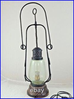 Vintage Rare Antique Style Iron, Glass and Wood Electric Lantern Look Night Lamp