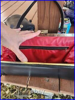 Vintage Rare Black Leather Box Handbag 1960's Brass Closure Red Leather Interior