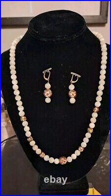 Vintage Rare Imperial Chinese Opeque White Beads & White Necklace And Earrings