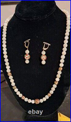 Vintage Rare Imperial Chinese Opeque White Beads & White Necklace And Earrings