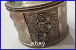 Vintage Rare Tall Rose Inlay Decor Jewelry Box Antique Heavy Metal Red Velvet