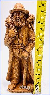 Vintage WOOD HAND CARVED CARRYING SHEEP 7 TALL MAN SHEPHERD Unique Rare Antique