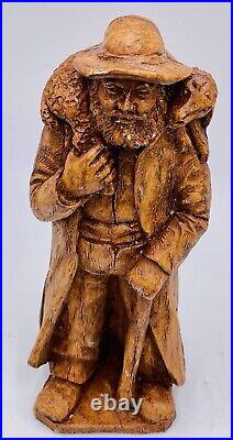 Vintage WOOD HAND CARVED CARRYING SHEEP 7 TALL MAN SHEPHERD Unique Rare Antique