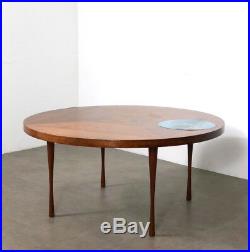 Vintage Walnut Enamel Inlaid Round Coffee Table Rare Mid Century Danish Modern