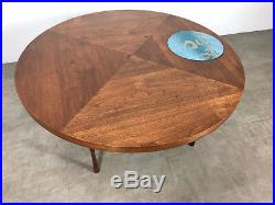 Vintage Walnut Enamel Inlaid Round Coffee Table Rare Mid Century Danish Modern