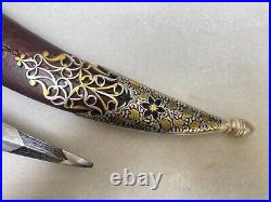 Vintage indian handmade rare antique gold koftgari dagger with damascus blade