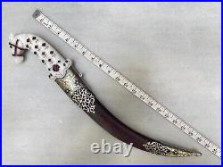 Vintage indian handmade rare antique gold koftgari dagger with damascus blade