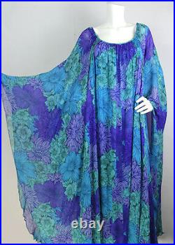Vtg 60s 70s La Mendola Sz 44 Silk Floral Overlay Kaftan Cape Dress RARE