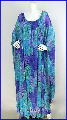 Vtg 60s 70s La Mendola Sz 44 Silk Floral Overlay Kaftan Cape Dress RARE